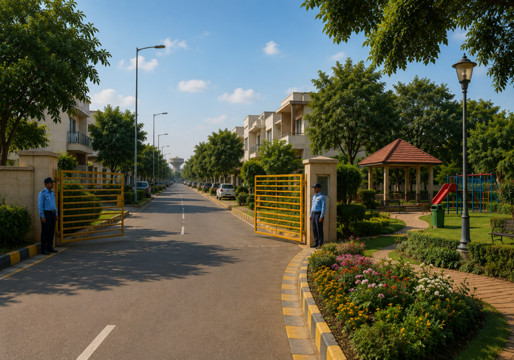Landscaped entrance and residential street of 10 Marla Housing Society, Phase 3B2, Mohali